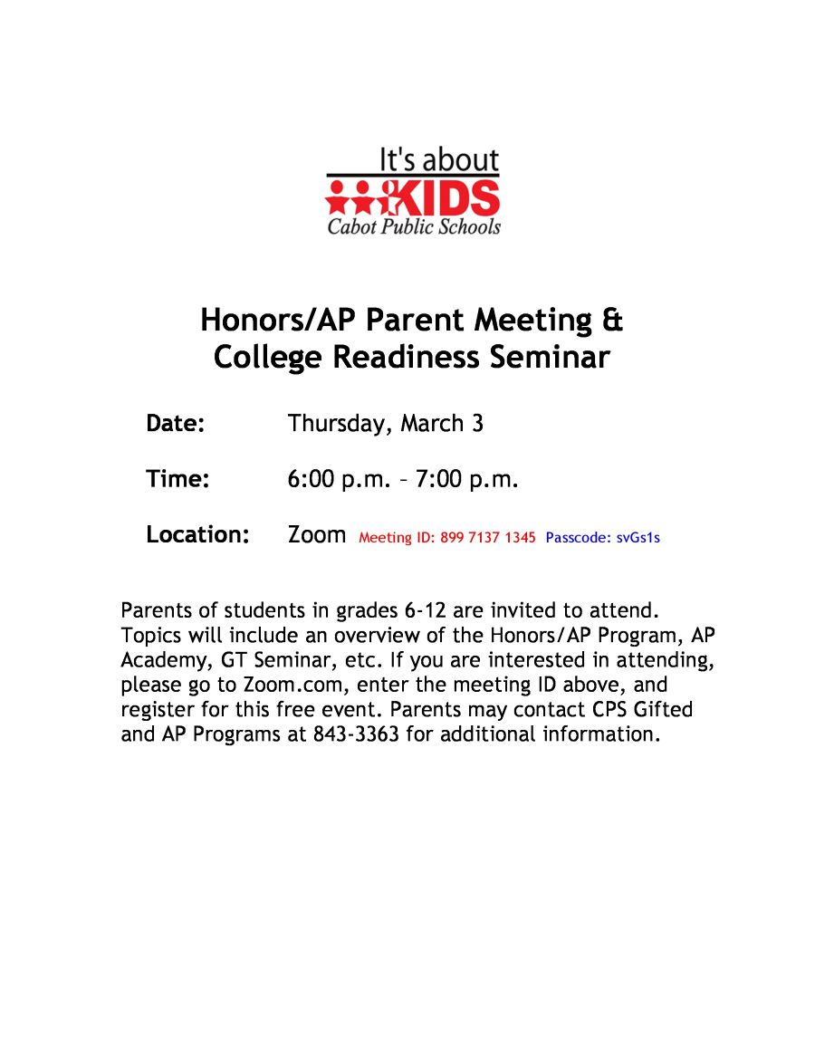 Honors/AP Parent Meeting & College Readiness Seminar